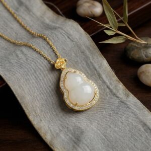 925 Sterling Silver Elegant White Jade Gourd Pendant Necklace with Shimmering Stone Accents