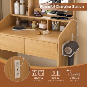 Vanity Table With LED-Illuminated Mirror, Power Outlet, Hairdryer Holder & Stool - Compact Dressing Desk For Small Bedrooms-Wood