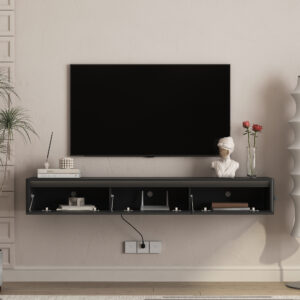Floating TV Stand, Wall Mounted TV Shelf With Led Lights & Power Outlet,High Gloss TV Cabinet For Black Tv Stands For Living Room