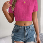Women Casual Cable Knit Short Sleeve Cropped Vacation Top
