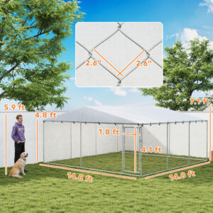 15′ x 15′ x 7′ Dog Kennel Outdoor for Small Medium Large Dogs with Waterproof Roof, Silver