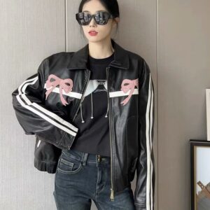 Women’s Bow-Knot Zipper Leather Jacket