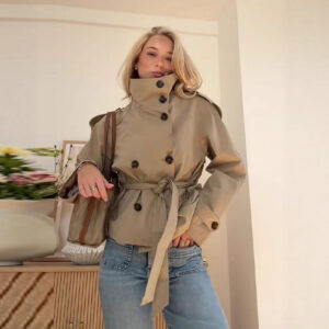 Womens Buttoned Waist-Cinching Lace-Up Trench Coat