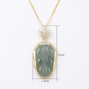 925 Sterling Silver Elegant Leaf-Shaped Green Jadeite Pendant Necklace with Sparkling Gemstone Accents