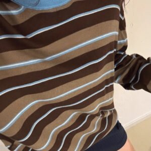 Blue And Coffee-striped Crewneck Pullover Loose-fitting Long Sleeves Womens