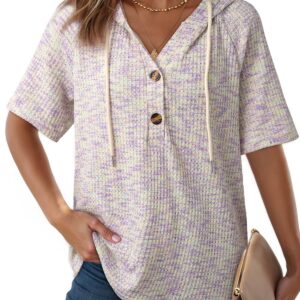 Womens Waffle-Weave Buttoned V-Neck Hoodie With Drawstring