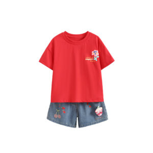 Girls' Crew-Neck T-Shirt And Casual Denim Pants For Little Kids