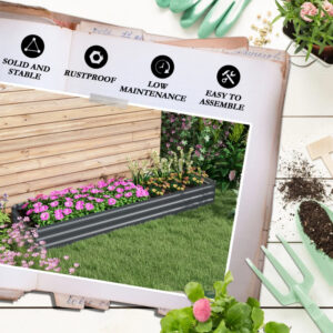 8x2x1ft Galvanized Raised Garden Bed Kit With Safety Edging For Flowers, Herbs And Vegetables, Dark Gray