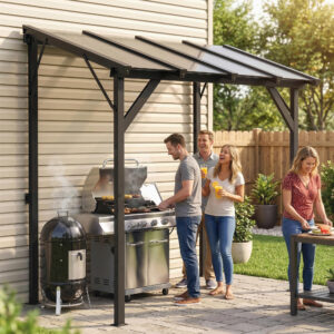 Hardtop Grill Gazebo, Lean-to BBQ Shelter with Polycarbonate Roof for Outdoor, Patio, Lawn