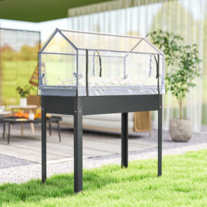 Elevated Garden Box with Greenhouse Cover, Raised Garden Bed with Legs and Drainage Hole for Vegetables, Dark Gray