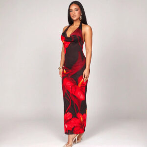 Printed Fashionable Sexy Halterneck Lace-Up Bodycon Dress