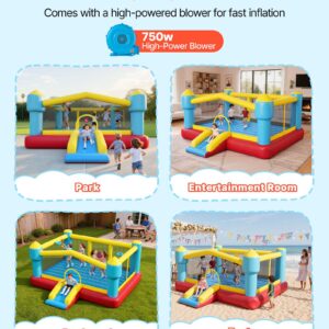 Inflatable Bounce House, 14.7 X 13.8 X 6.8 Ft Jumping Bouncy Castle, Inflatable Jumper For Kids With Slide, Basketball Hoop, Target Game & Jumping Area, Jumpings House Holds 3-4 Kids (Ages 3-8)