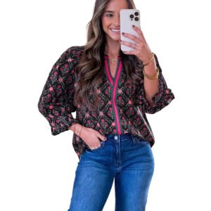 European And American-style Fashion Contrast-color Floral-print Chiffon Blouse