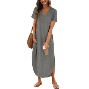 Loose Casual Short-Sleeve V-Neck Split Dress For Women