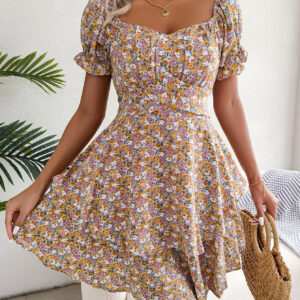 Women Elegant Floral Print Tie Waist Flowy Dress