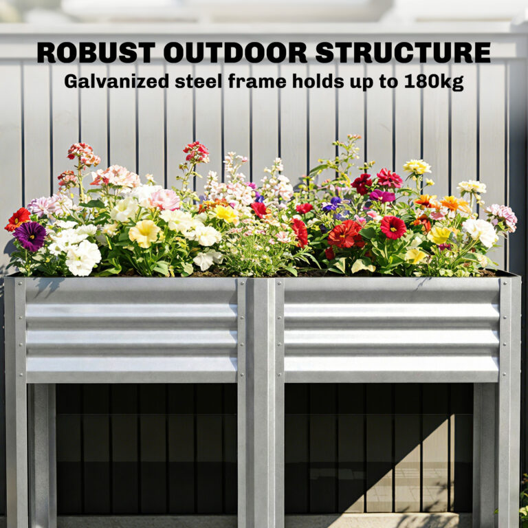 Raised Garden Bed Galvanized Steel, Elevated Planter Box with Storage Shelf, Bed Liner, 31.5″ High, Silver