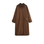 Corduroy Patchwork Collar Waxed Leather-Effect Long Trench Coat