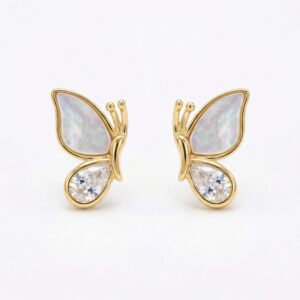925 Sterling Silver Elegant Mother of Pearl and Sparkling Pear-Cut Crystal Butterfly Wing Stud Earrings