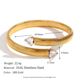 Stainless Steel Heart-Shaped Zircon Open Striped Bracelet