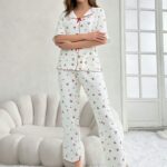 Women's Crew-Neck Cherry-Print Short-Sleeve Top And Pants Set
