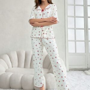 Women's Crew-Neck Cherry-Print Short-Sleeve Top And Pants Set