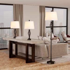3 Piece Table Floor Lamp Set with Metal Pole, Round Base, and Fabric Lampshade, for Living Room, Black/White