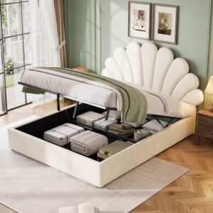 4ft6 Double Upholstered Hydraulic Bed With Adjustable Chic Petal Headboard, Soft Velvet Bed Frame With Hydraulic Storage, Petal Bed With Solid Wood Slat, No Box Spring Needed, Beige No Mattress