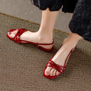French-style Square-toe Bow Flat Sandals For Women