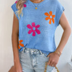 Women Floral Casual Batwing Sleeve Loose Knit Vacation Top