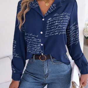 Women's Casual Versatile Letter Print Notched Lapel Long Sleeve Shirt
