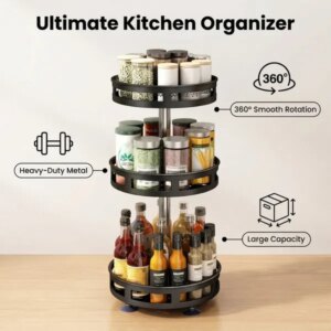 3-Tier Rotating Spice Rack Organizer – Carbon Steel 360° Metal Turntable, Multifunctional Kitchen Seasoning & Condiment Storage Rack, Space-Saving Countertop Spice Jar Organizer