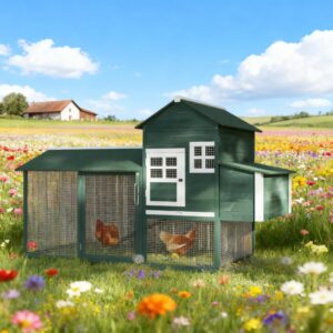 Chicken Coop Hen House Outdoor With Run Nesting Box, Asphalt Roof, Removable Tray Wooden