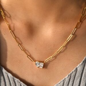 Gold-Plated Square Waterdrop Zircon Stainless Steel Necklace, Versatile Style