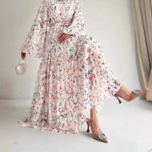 Women’s Chiffon Floral Long Dress With Belt, Stylish And Elegant