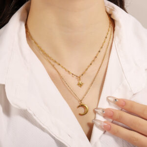 Stainless Steel Octagram Star & Moon Pendant Double Layer Necklace For Women, Light Luxury Niche Design, Stackable Clavicle Chain Jewelry