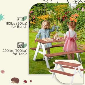 Kids Picnic Table Set, Wooden Table & Bench Set, Kids Patio Furniture Outdoor Toys for Garden, Backyard, Aged 3-8 Years Old, Brown