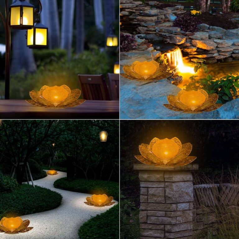 Garden Ornaments Outdoor Solar Powered Lotus Light With Adjustable Petals & Crackle Glass Garden Lights With Amber Wave Projection, Solar Lights For Year Round Garden Decor In Lawn, Patio, Pathway