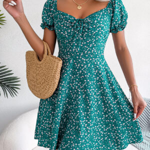 Women Casual Bell Sleeve Drawstring Tie Flowy Floral Print Dress