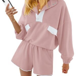 Fisoew Womens 2 Piece Sets Sweatsuits Casual Half Button Color Block Sweatshirts Running Shorts Tracksuits Fall Outfits