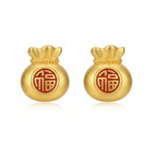 925 Sterling Silver Prosperity Money Bag Studs with Red Fu Character Blessing