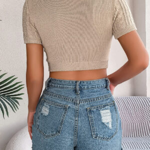 Women Casual Cable Knit Short Sleeve Cropped Vacation Top