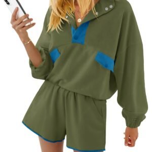 Fisoew Womens 2 Piece Sets Sweatsuits Casual Half Button Color Block Sweatshirts Running Shorts Tracksuits Fall Outfits