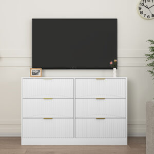 Modern 6-Drawer Dresser, Chest Of Drawers For Bedroom, Living Room, Hallway, And Entryway – Large Storage Cabinet, White,Drawer Panel With Wavy Patterns