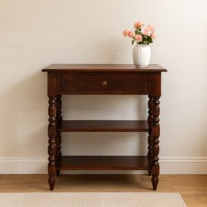 Solid Wood Turned Occasional Table, 1 Drawer,2 Big Shelves, Dark Brown