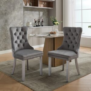 A&A Furniture, Nikki Modern, High-end Tufted Solid Wood Contemporary Velvet Upholstered Dining Chair With Wood Legs Nailhead Trim 2-Pcs Set, Light Gray,