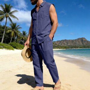 Mens Loose Linen Casual Sleeveless Shirt And Straight-Leg Pants Set