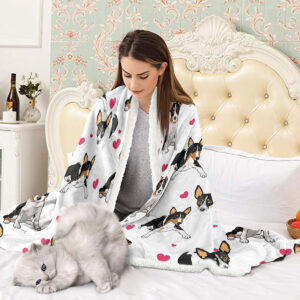 Rat Terrier Throw Blanket, Dog Lover Gift Blanket Reversible Plush Fluffy Red Heart Rescue Dog Sherpa Fleece Bedding For Kids Teens