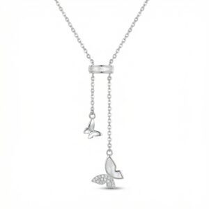 925 Sterling Silver Elegant Silver Butterfly Lariat Necklace with Mother-of-Pearl and Pavé Accents
