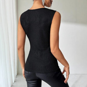 Black Ribbed Rhinestone-decorated Vest T-shirt Top