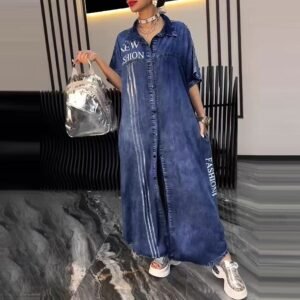 Spring Summer Mid-Length Denim Printed Dress